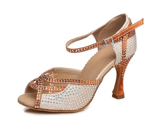 Damen Latein Tanzschuhe mit Strass Fesselriemen Hochzeit Formal Sandalen Schuhe L459 Nackt 9cm Absatz EU 40.5 von Miyoopark