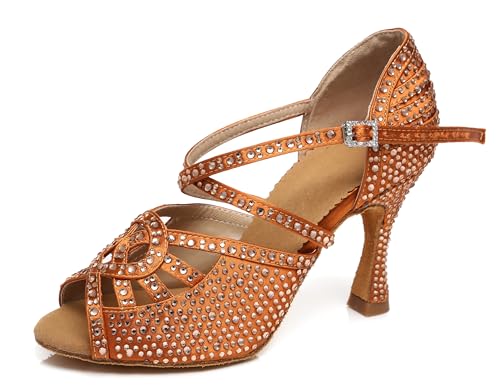Damen Latein Tanzschuhe mit Strass Fesselriemen Hochzeit Formal Sandalen Schuhe L466 Orange/Gelb 9cm Absatz EU 42.5 von Miyoopark