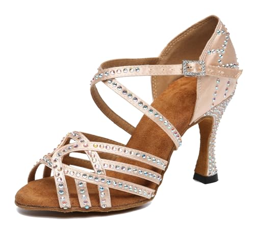 Damen Latein Tanzschuhe mit Strass Fesselriemen Hochzeit Formal Sandalen Schuhe L483 Nackt 9cm Absatz EU 39.5 von Miyoopark