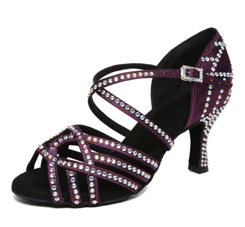 Damen Latein Tanzschuhe mit Strass Fesselriemen Hochzeit Formal Sandalen Schuhe L483 Violett 7.5cm Absatz EU 43.5 von Miyoopark