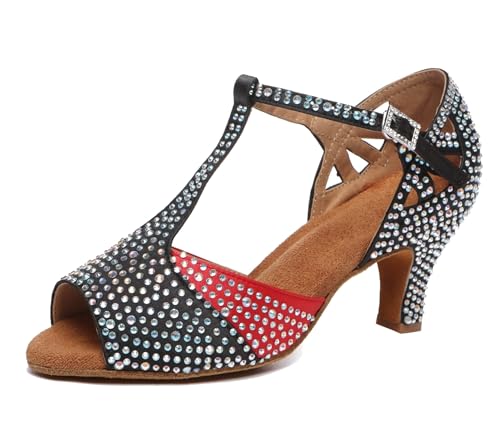 Damen Latein Tanzschuhe mit Strass Fesselriemen Hochzeit Formal Sandalen Schuhe L548 Schwarz/Rot 6cm Absatz EU 39.5 von Miyoopark