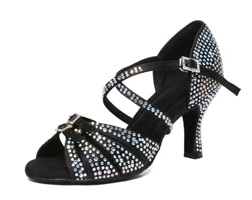 Damen Latein Tanzschuhe mit Strass Fesselriemen Hochzeit Formal Sandalen Schuhe L603 Schwarz 7.5cm Absatz EU 42 von Miyoopark