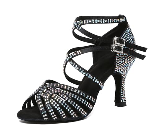 Damen Latein Tanzschuhe mit Strass Fesselriemen Hochzeit Formal Sandalen Schuhe L604 Schwarz 8.5cm Absatz EU 40.5 von Miyoopark
