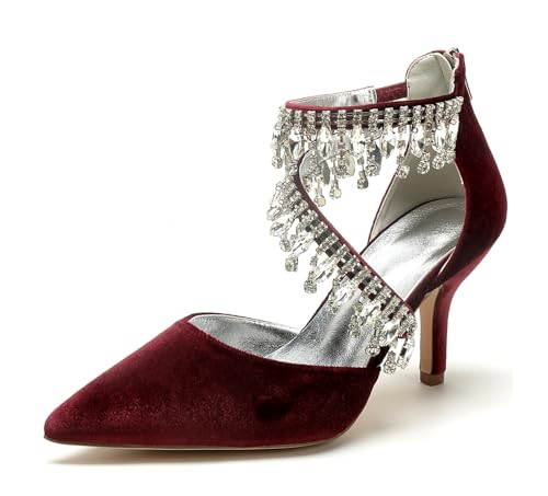 Miyoopark Braun Hochzeits Schuhe fur Damen Ketten Prom Pums M683 Rhineston Tassel Burgund EU 43 von Miyoopark