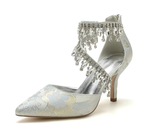 Miyoopark Damen Elegant Hochzeit Schuhe mit Schleif Abend Pumps M714 Rhinestone Tassel Silber EU 42.5 von Miyoopark