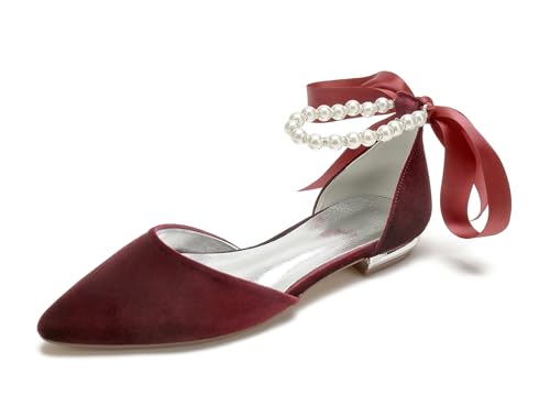 Miyoopark Damen Elegant Hochzeits Flache Schuhe mit Ketten Abend Pumps M697 Pearls Chain Burgundy EU 36 von Miyoopark