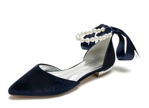 Miyoopark Damen Elegant Hochzeits Flache Schuhe mit Ketten Abend Pumps M697 Pearls Chain Dark Blue EU 38.5 von Miyoopark