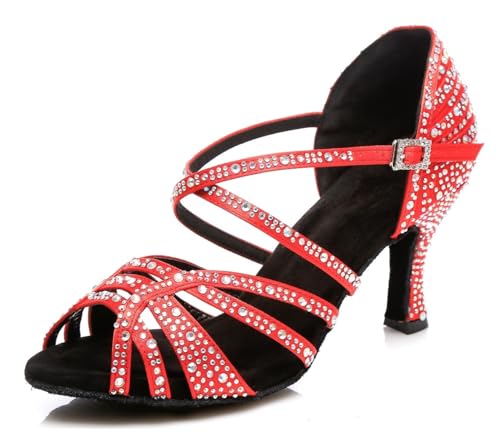 Miyoopark Damen Latein Tanzschuhe Absatzs mit Strass Abend Hochzeit Sandalen Schuhe L356 Rot 7.5cm Absatz EU 37 von Miyoopark