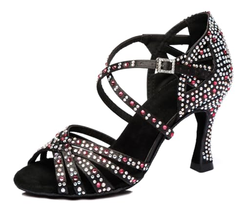 Miyoopark Damen Latein Tanzschuhe Absatzs mit Strass Abend Hochzeit Sandalen Schuhe L371 Schwarz/Red 3.5" Absatz EU 40.5 von Miyoopark
