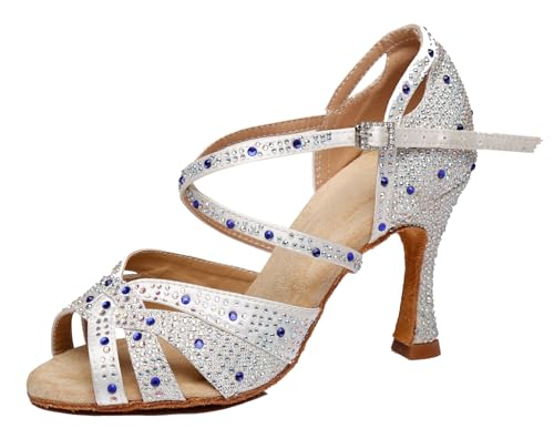 Miyoopark Damen Latein Tanzschuhe Absatzs mit Strass Abend Hochzeit Sandalen Schuhe L388 Silber/Weiß 9cm Absatz EU 34 von Miyoopark