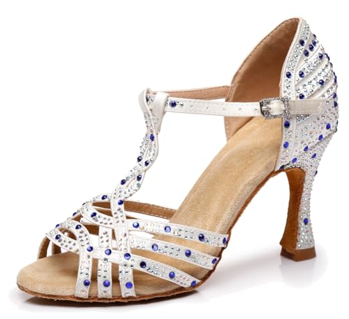 Miyoopark Damen Latein Tanzschuhe Absatzs mit Strass Abend Hochzeit Sandalen Schuhe L404 Weiß 9cm Absatz EU 39.5 von Miyoopark