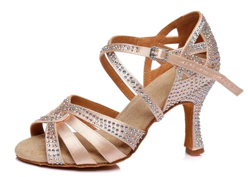 Miyoopark Damen Latein Tanzschuhe Absatzs mit Strass Abend Hochzeit Sandalen Schuhe L408 Nackt 8.5cm Absatz EU 37.5 von Miyoopark