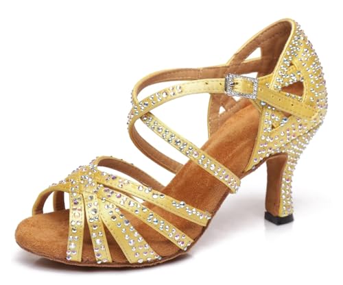 Miyoopark Damen Latein Tanzschuhe Absatzs mit Strass Abend Hochzeit Sandalen Schuhe L423 Gelb 7.5cm Absatz EU 42 von Miyoopark