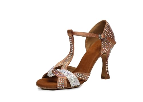 Miyoopark Damen Latein Tanzschuhe Absatzs mit Strass Abend Hochzeit Sandalen Schuhe L449 Braun/Weiß 9cm Absatz EU 39 von Miyoopark