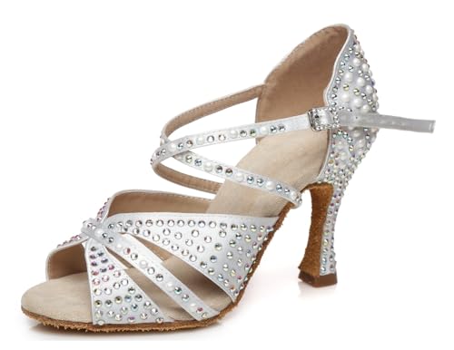 Miyoopark Damen Latein Tanzschuhe Absatzs mit Strass Hochzeit Abend Sandalen Schuhe L428 Weiß 9cm Absatz EU 41.5 von Miyoopark
