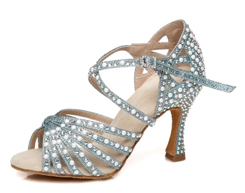 Miyoopark Damen Latein Tanzschuhe Absatzs mit Strass Hochzeit Abend Sandalen Schuhe L429 Hellblau 9cm Absatz EU 35 von Miyoopark