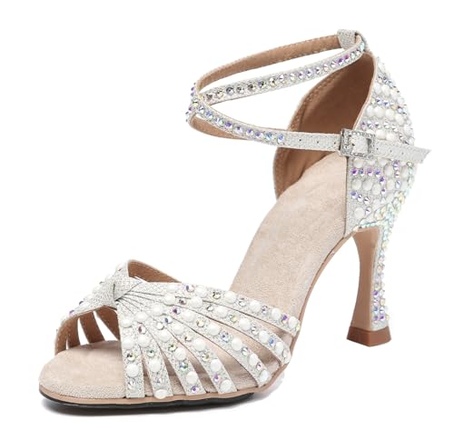 Miyoopark Damen Latein Tanzschuhe Absatzs mit Strass Hochzeit Abend Sandalen Schuhe L429 Silber/Weiß 9cm Absatz EU 39 von Miyoopark