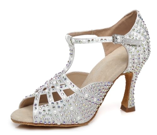 Miyoopark Damen Latein Tanzschuhe Absatzs mit Strass Hochzeit Abend Sandalen Schuhe L431 Weiß 9cm Absatz EU 37.5 von Miyoopark