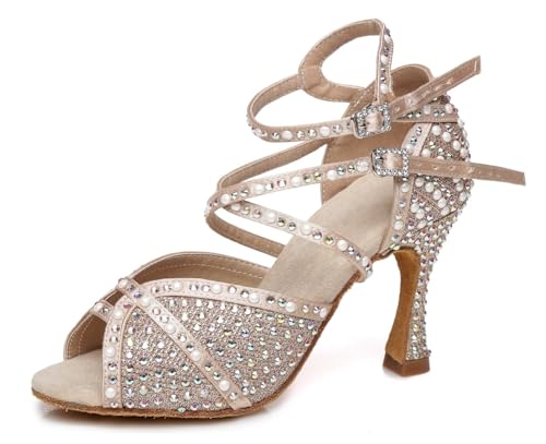 Miyoopark Damen Latein Tanzschuhe Absatzs mit Strass Hochzeit Abend Sandalen Schuhe L432 Nackt 9cm Absatz EU 38.5 von Miyoopark