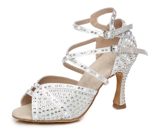 Miyoopark Damen Latein Tanzschuhe Absatzs mit Strass Hochzeit Abend Sandalen Schuhe L432 Weiß 9cm Absatz EU 41.5 von Miyoopark