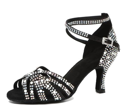 Miyoopark Damen Latein Tanzschuhe Absatzs mit Strass Hochzeit Abend Sandalen Schuhe L506 Schwarz 7.5cm Absatz EU 35 von Miyoopark