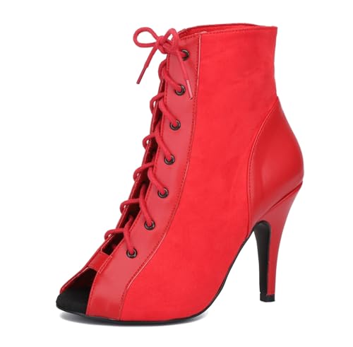 Miyoopark Damen Tango Salsa Schuhe mit Absatz Schnursenkel Tanzen Stiefel L500 Rot 10cm Absatz EU 39.5 von Miyoopark