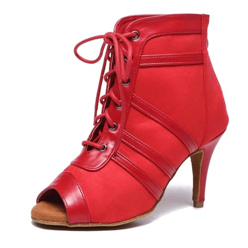 Miyoopark Damen Tango Salsa Schuhe mit Absatz Schnursenkel Tanzen Stiefel L541 Rot 8.5cm Absatz EU 40.5 von Miyoopark