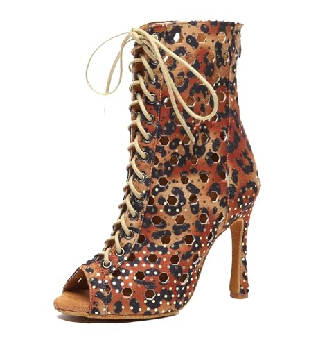 Miyoopark Damen Tango Salsa Schuhe mit Absatz Schnursenkel Tanzen Stiefel L574 Leopard 10cm Absatz EU 37 von Miyoopark