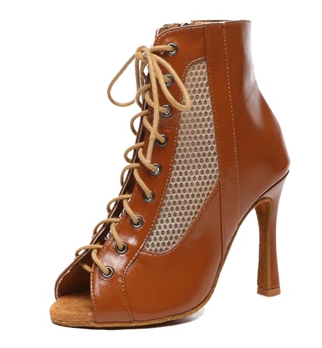 Miyoopark Damen Tango Salsa Schuhe mit Absatz Schnursenkel Tanzen Stiefel L581 Bronze 10cm Absatz EU 40.5 von Miyoopark