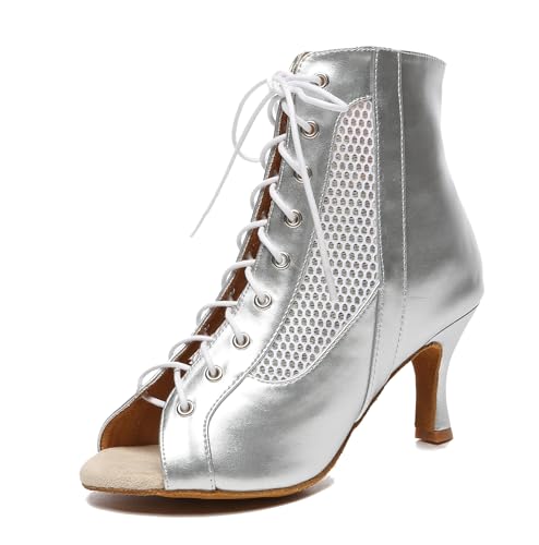 Miyoopark Damen Tango Salsa Schuhe mit Absatz Schnursenkel Tanzen Stiefel L581 Silber 7.5cm Absatz EU 38.5 von Miyoopark