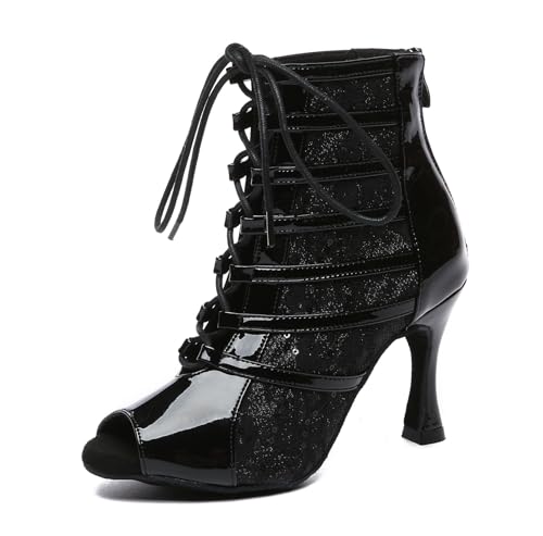 Miyoopark Damen Tango Salsa Schuhe mit Absatz Schnursenkel Tanzen Stiefel L583 Schwarz 9cm Absatz EU 38 von Miyoopark