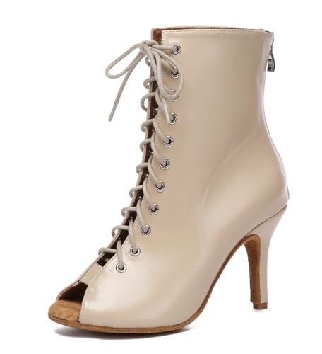 Miyoopark Damen Tango Salsa Schuhe mit Absatz Schnursenkel Tanzen Stiefel L594 Beige 8.5cm Absatz EU 41 von Miyoopark
