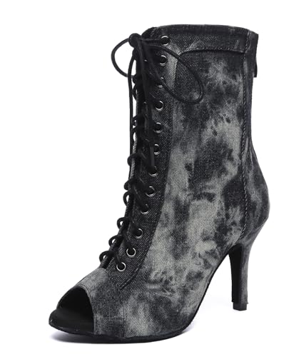 Miyoopark Damen Tango Salsa Schuhe mit Absatz Schnursenkel Tanzen Stiefel L608 Denim Schwarz 8.5cm Absatz EU 44 von Miyoopark