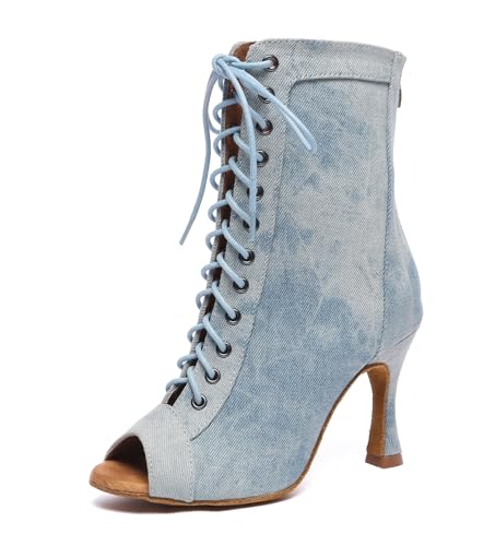 Miyoopark Damen Tango Salsa Schuhe mit Absatz Schnursenkel Tanzen Stiefel L608 Hellblau 9cm Absatz EU 39 von Miyoopark