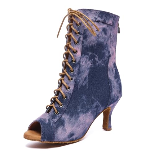 Miyoopark Damen Tango Salsa Schuhe mit Absatz Schnursenkel Tanzen Stiefel L608 Rosa Blue 7.5cm Absatz EU 36 von Miyoopark