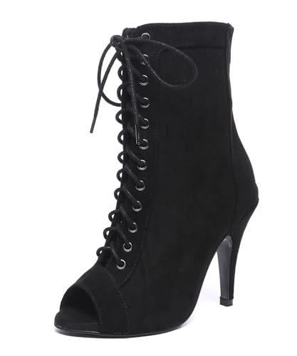 Miyoopark Damen Tango Salsa Schuhe mit Absatz Schnursenkel Tanzen Stiefel L608 Suede Schwarz 10cm Absatz EU 38.5 von Miyoopark