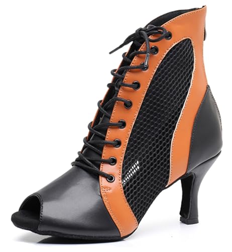 Miyoopark Damen Tango Salsa Schuhe mit Absatz Schnursenkel Tanzen Stiefel X3218 Schwarz/Orange 7.5cm Absatz EU 39.5 von Miyoopark