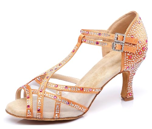 Miyoopark Damen Tango Salsa Tanzschuhe Glitzer Hochzeit Abend Sandalen Schuhe L372 Orange Gelb 7.5cm Absatz EU 39.5 von Miyoopark
