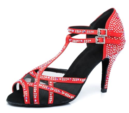 Miyoopark Damen Tango Salsa Tanzschuhe Glitzer Hochzeit Abend Sandalen Schuhe L372 Rot 8.5cm Absatz EU 39.5 von Miyoopark