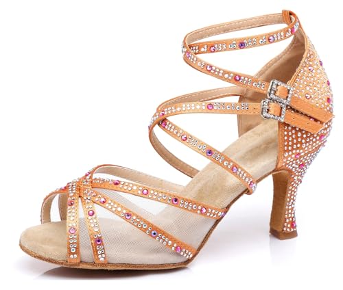 Miyoopark Damen Tango Salsa Tanzschuhe Glitzer Hochzeit Abend Sandalen Schuhe L373 Orange Gelb 7.5cm Absatz EU 41.5 von Miyoopark