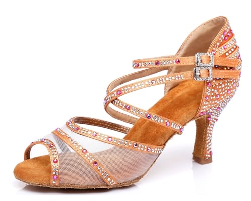 Miyoopark Damen Tango Salsa Tanzschuhe Glitzer Hochzeit Abend Sandalen Schuhe L374 Orange Gelb 7.5cm Absatz EU 40.5 von Miyoopark