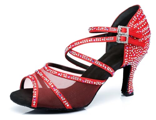 Miyoopark Damen Tango Salsa Tanzschuhe Glitzer Hochzeit Abend Sandalen Schuhe L374 Rot 7.5cm Absatz EU 44 von Miyoopark