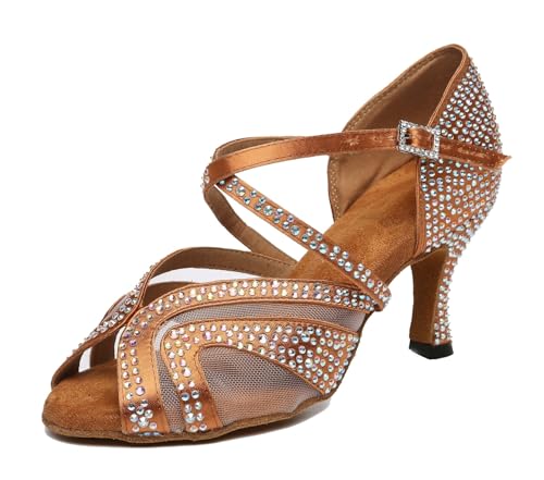 Miyoopark Damen Tango Salsa Tanzschuhe Glitzer Hochzeit Abend Sandalen Schuhe L490 Braun 7.5cm Absatz EU 42.5 von Miyoopark