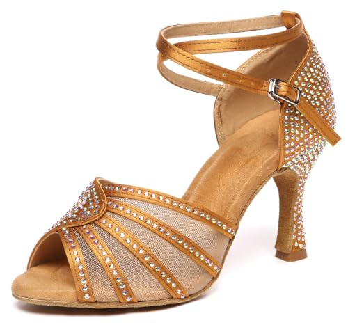 Miyoopark Damen Tango Salsa Tanzschuhe Glitzer Hochzeit Abend Sandalen Schuhe L598 Bronze 8.5cm Absatz EU 43.5 von Miyoopark
