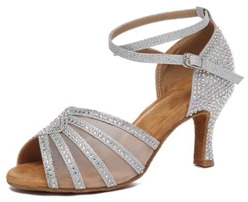 Miyoopark Damen Tango Salsa Tanzschuhe Glitzer Hochzeit Abend Sandalen Schuhe L598 Silber 7.5cm Absatz EU 39.5 von Miyoopark