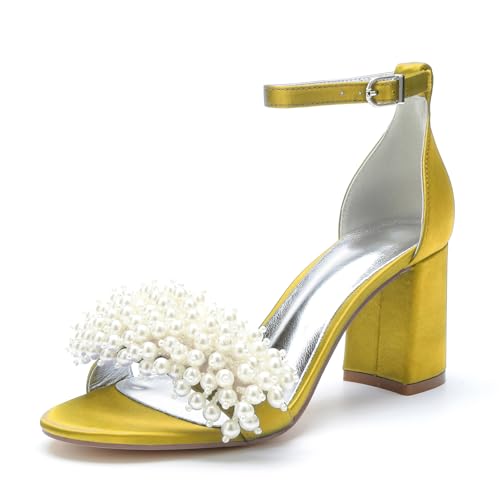 Miyoopark Damens Blockabsatz Hochzeits Schuhe Perlen Schleifen Abend Sandalen M662 Gelb EU 43 von Miyoopark