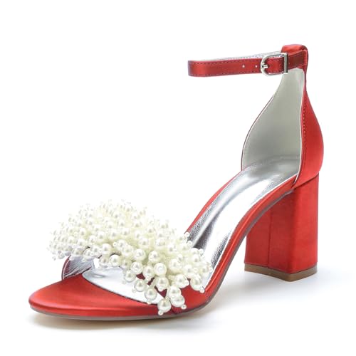 Miyoopark Damens Blockabsatz Hochzeits Schuhe Perlen Schleifen Abend Sandalen M662 Rot EU 37.5 von Miyoopark