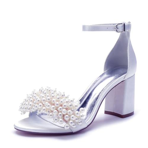 Miyoopark Damens Blockabsatz Hochzeits Schuhe Perlen Schleifen Abend Sandalen M662 Weiß EU 35.5 von Miyoopark