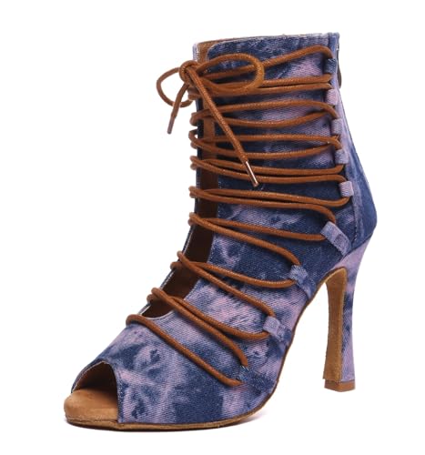 Miyoopark Tanzschuhe fur Damen Latein Bequem Abend Party Stiefel Sandalen L607 Denim Rosa Blue 10cm Absatz EU 38 von Miyoopark