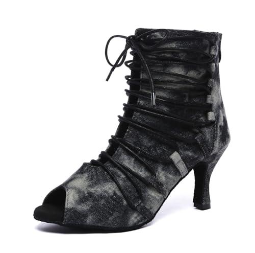 Miyoopark Tanzschuhe fur Damen Latein Bequem Abend Party Stiefel Sandalen L607 Denim Schwarz 7.5cm Absatz EU 39 von Miyoopark